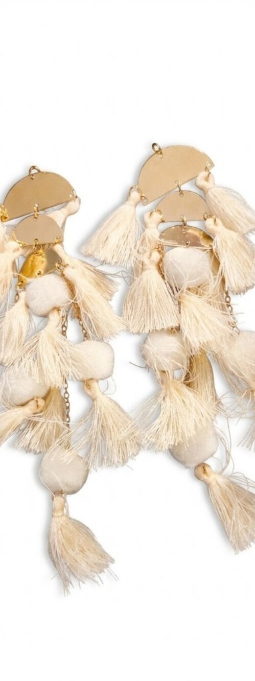 Bohemian Cream Tassel and Pom-Pom Statement Earrings with Gold Accents
